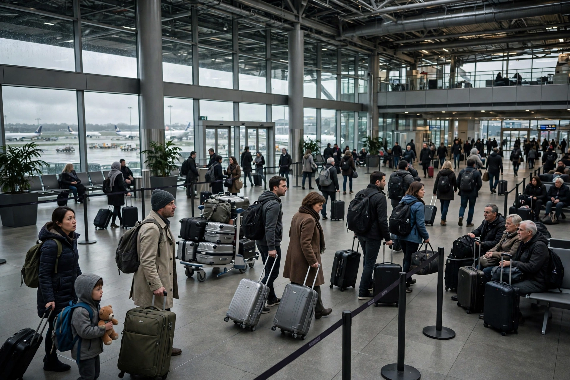 Travelers with luggage in a busy airport terminal staying alert to common travel scams