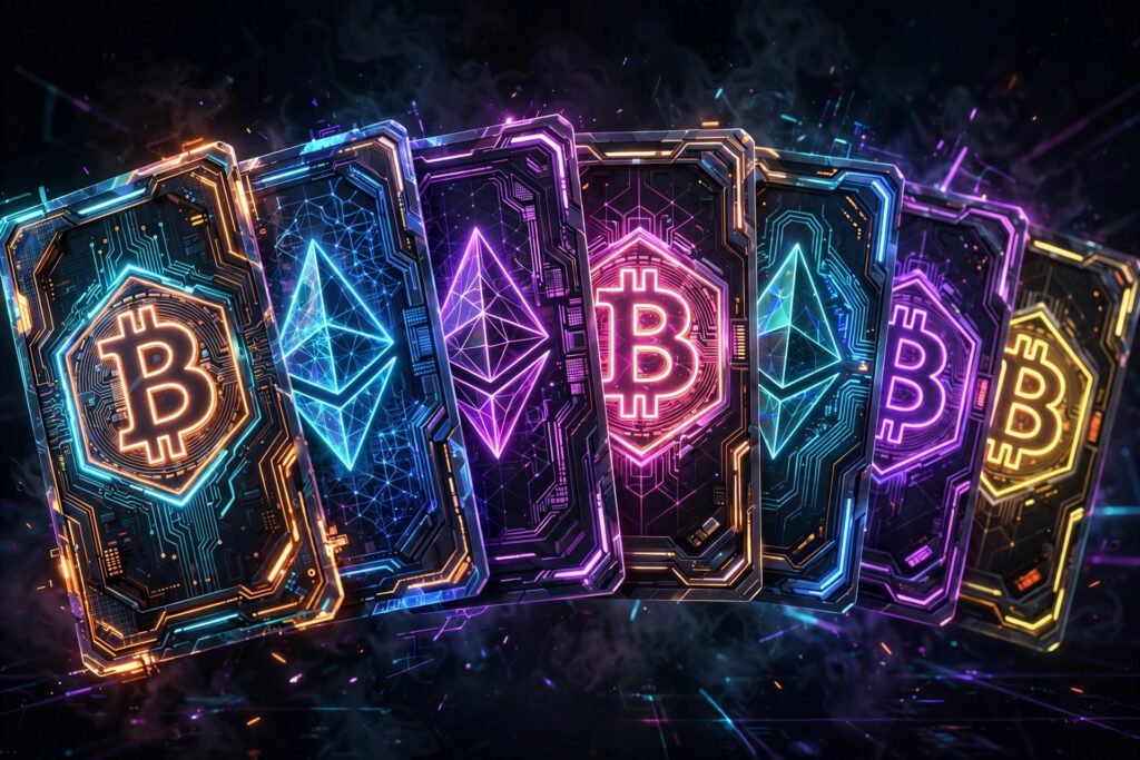 Glowing cryptocurrency trading cards representing blockchain-based digital collectibles
