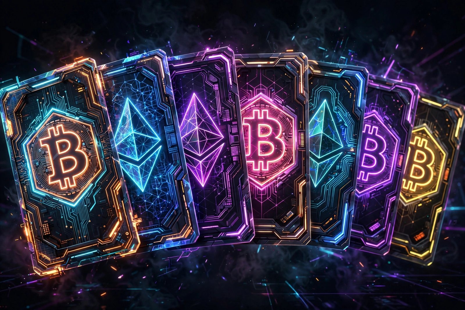 Glowing cryptocurrency trading cards representing blockchain-based digital collectibles