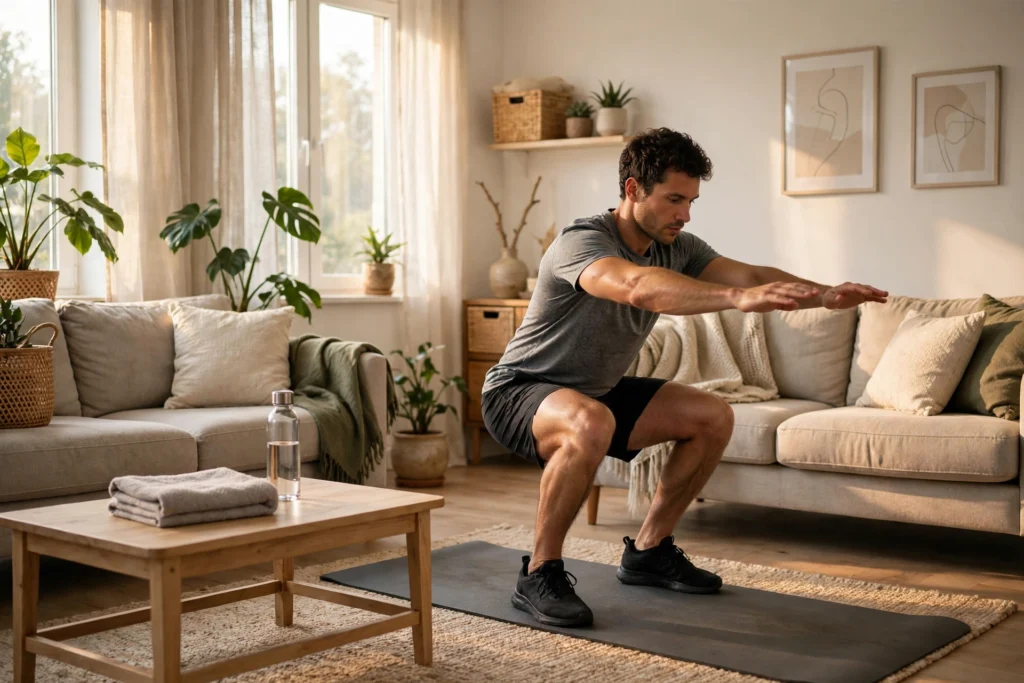 Beginner doing bodyweight squats during a no-equipment home workout on an exercise mat