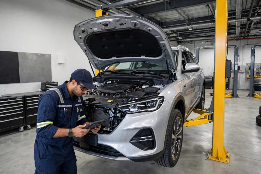 Certified technician inspecting a vehicle at Redhawk Auto Service Temecula