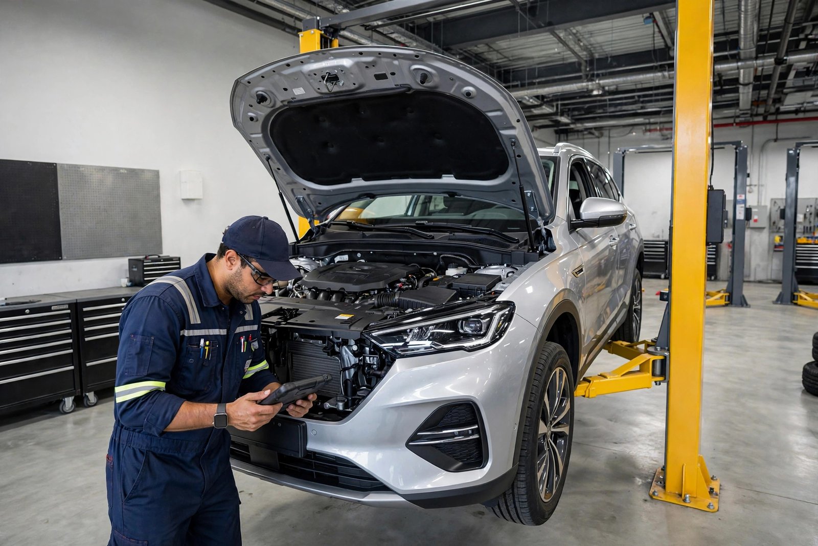 Certified technician inspecting a vehicle at Redhawk Auto Service Temecula