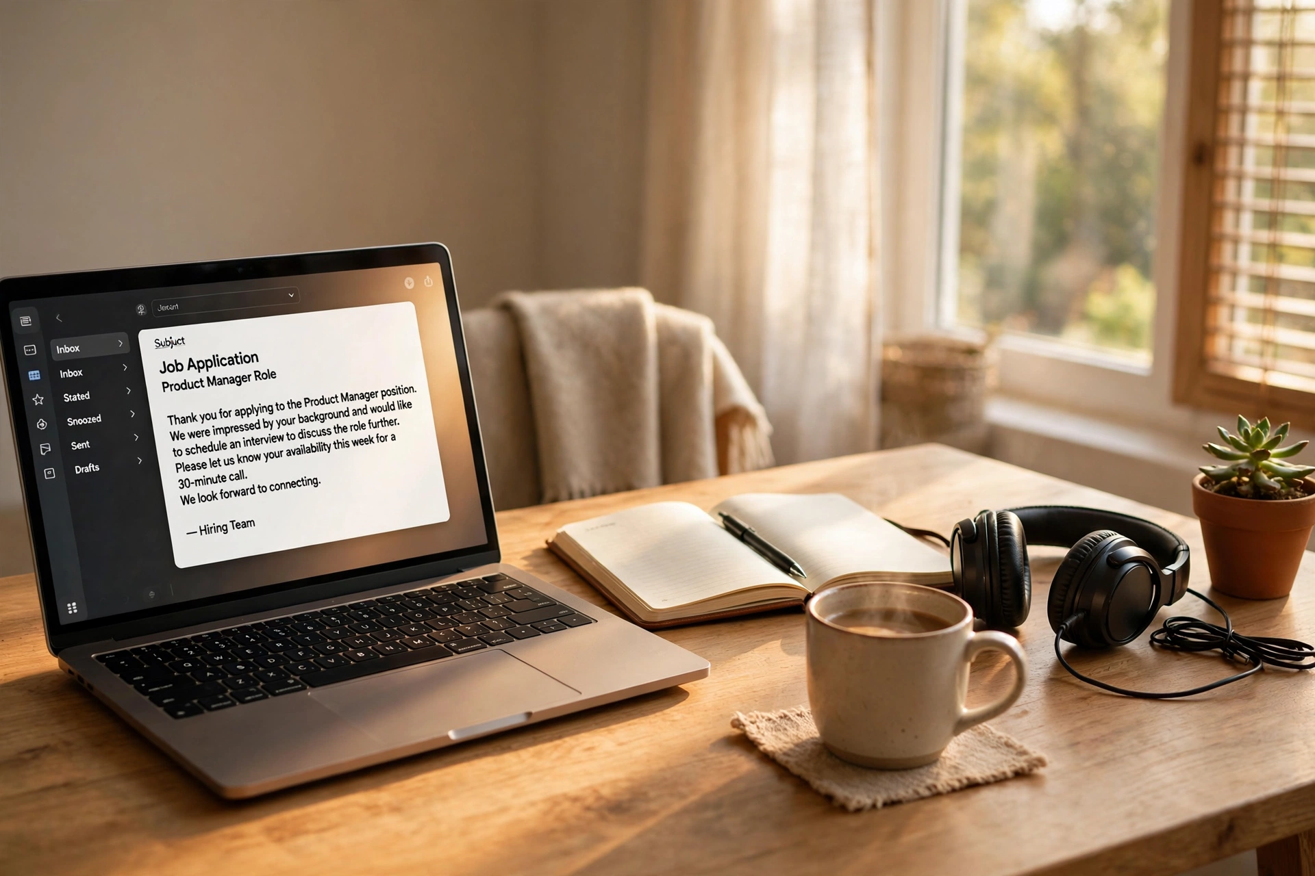 Home office desk with laptop showing a job application email, notebook, coffee and headphones