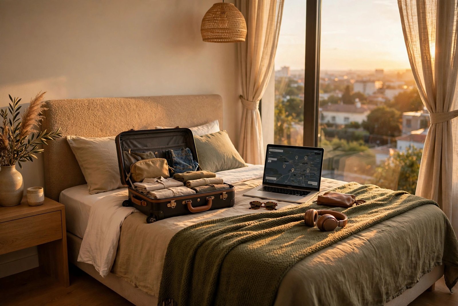 Hotel room with suitcase and laptop - hotel booking tips