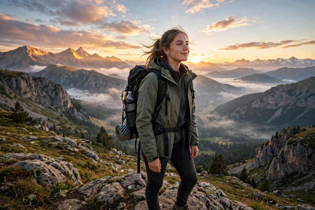 Solo female traveler with backpack at mountain viewpoint at sunrise