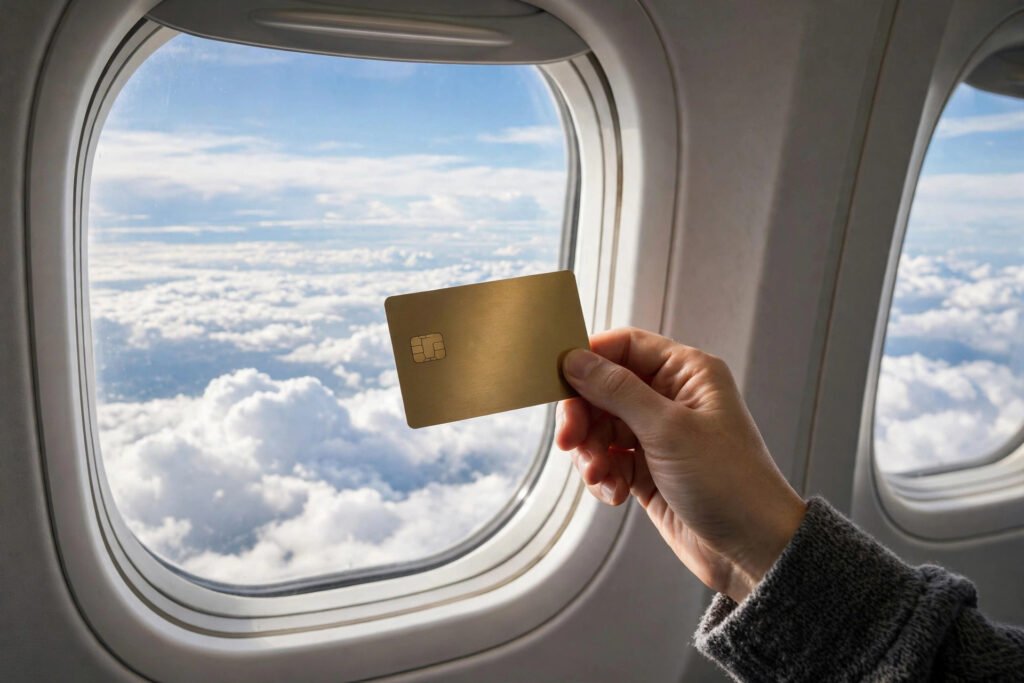 Hand holding credit card at airplane window - travel rewards