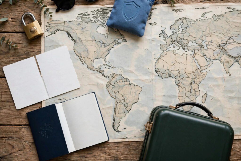 Passport, boarding passes and suitcase - travel insurance concept