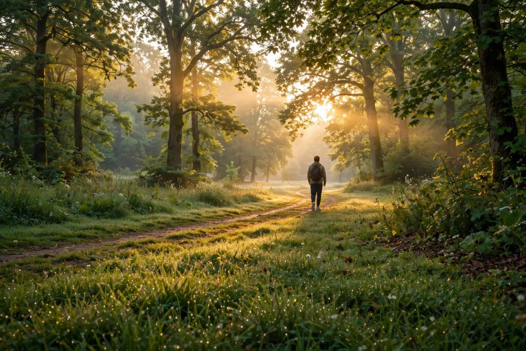 Person walking on park trail at sunrise, benefits of morning walks