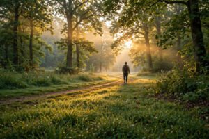 Person walking on park trail at sunrise, benefits of morning walks