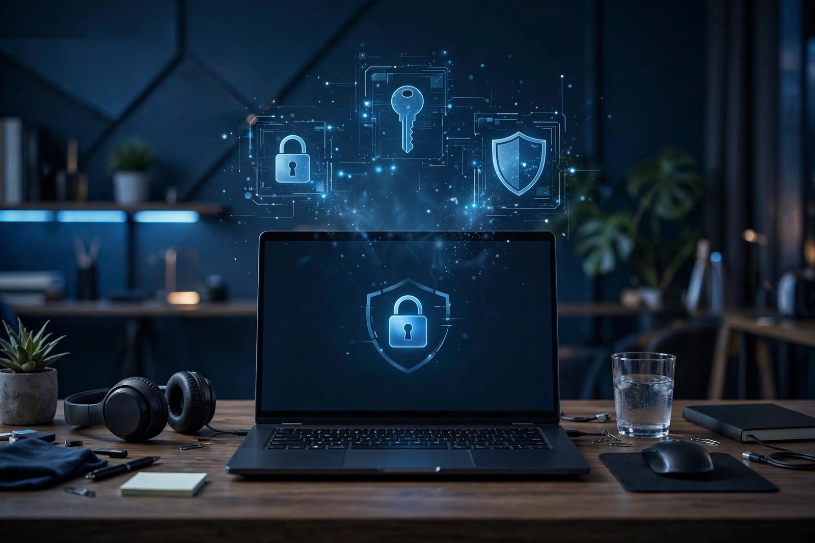 Laptop with secure login screen and padlock, password managers explained 2026