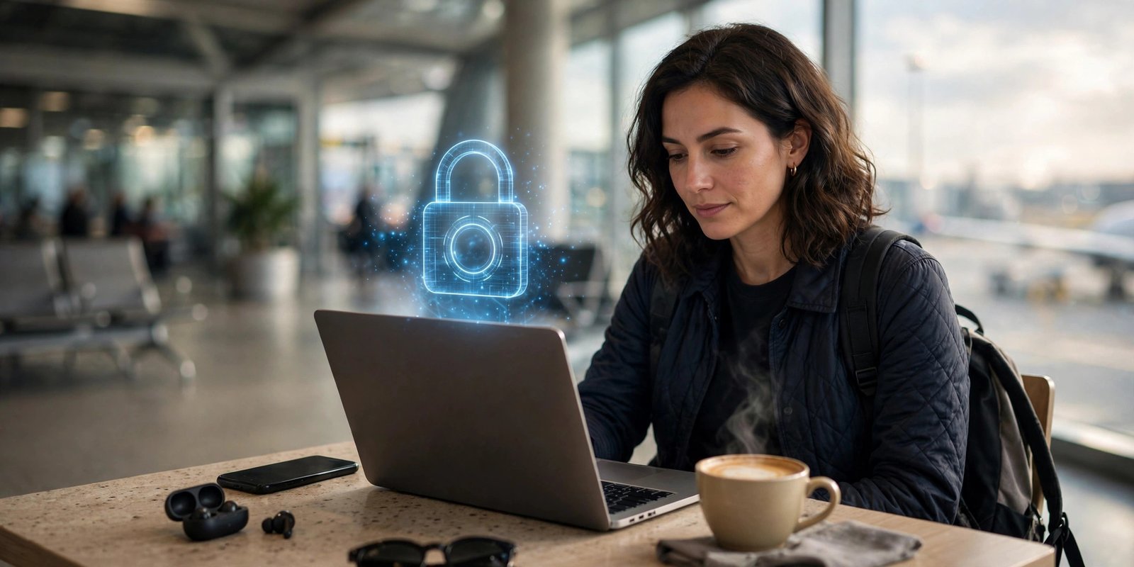 Traveler using a laptop at an airport cafe — public wifi safety travel tips to protect your data