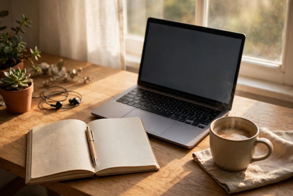 Home office desk with laptop notebook and coffee