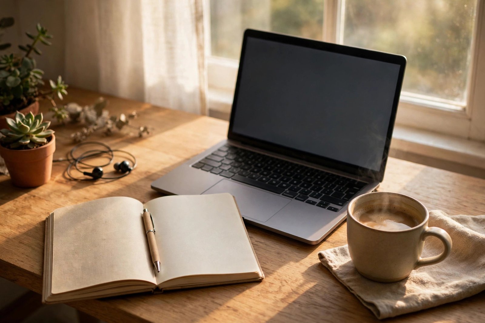 Home office desk with laptop notebook and coffee
