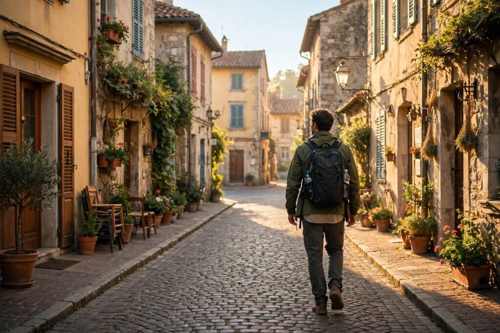 slow travel guide - traveler with backpack exploring quiet sunlit old town street
