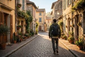 slow travel guide - traveler with backpack exploring quiet sunlit old town street