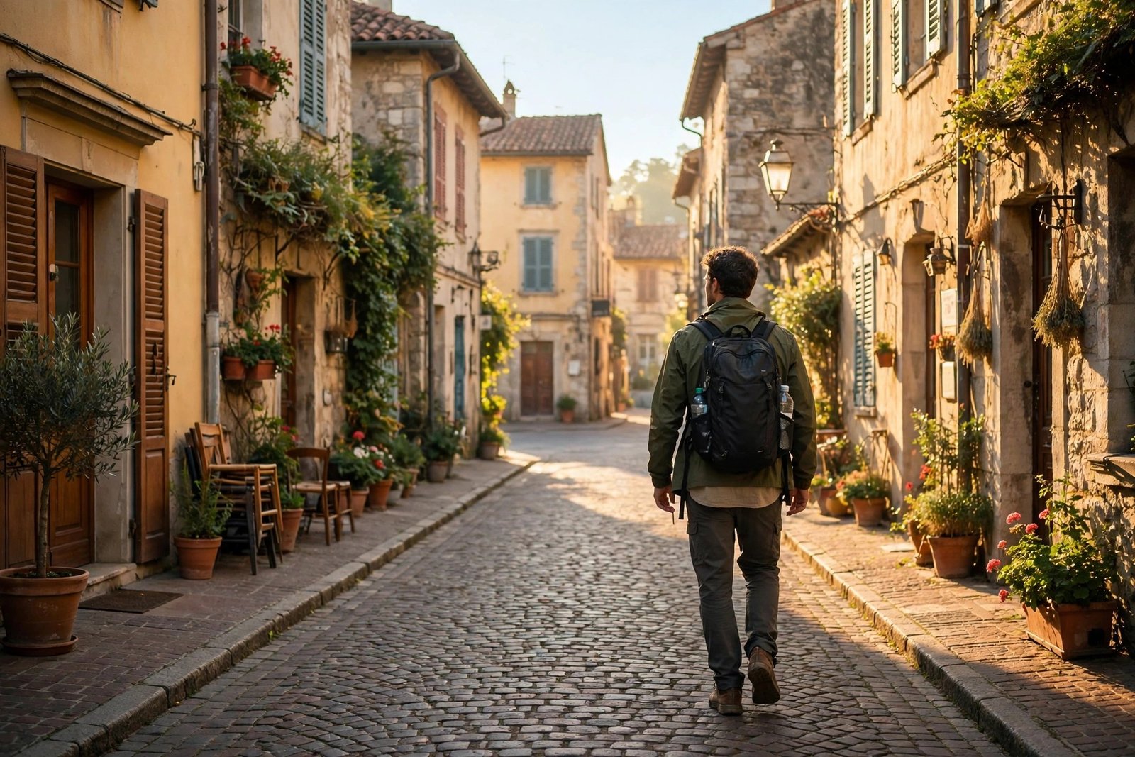 slow travel guide - traveler with backpack exploring quiet sunlit old town street