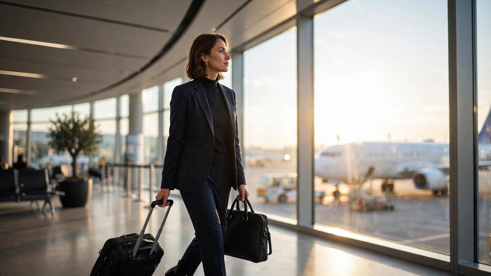 Business professional with luggage at an airport terminal, illustrating a small business travel policy