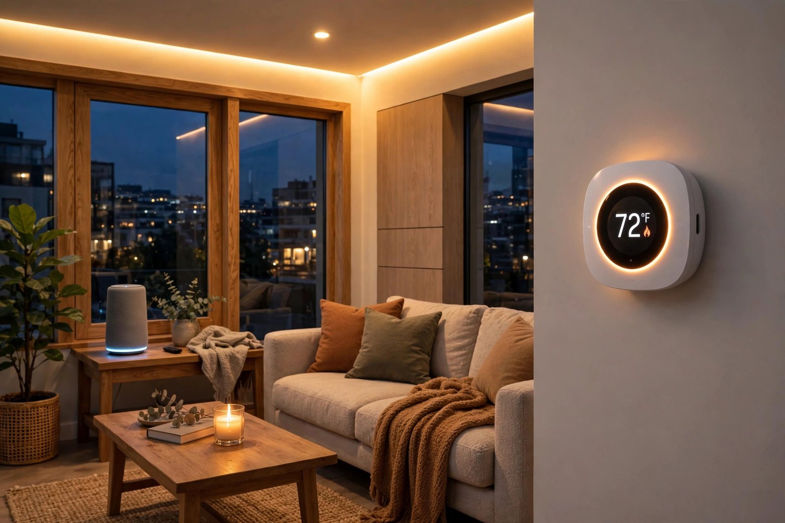 Modern living room with smart speaker and smart lighting